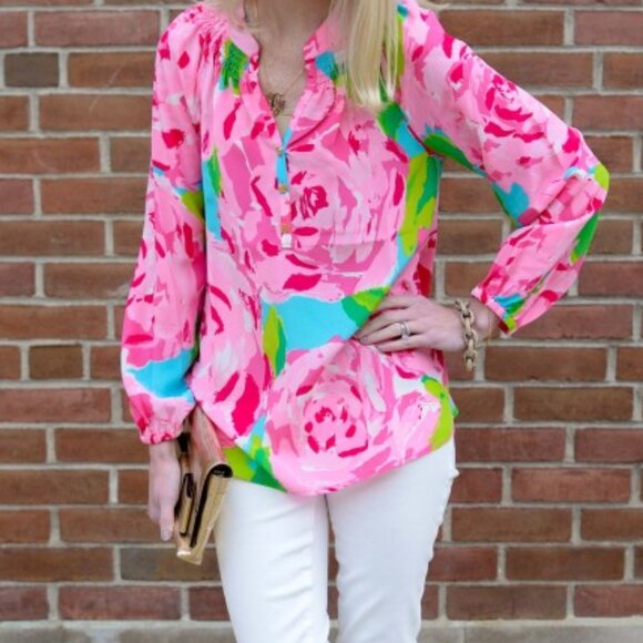 Lilly Pulitzer Rare First Impressions 100% Silk Elsa Top Sz Lg Holy Grail! - Picture 4 of 10